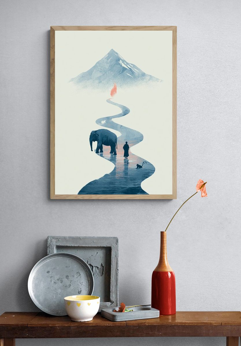 Elephant River Mountain Surreal Print. — room view 3