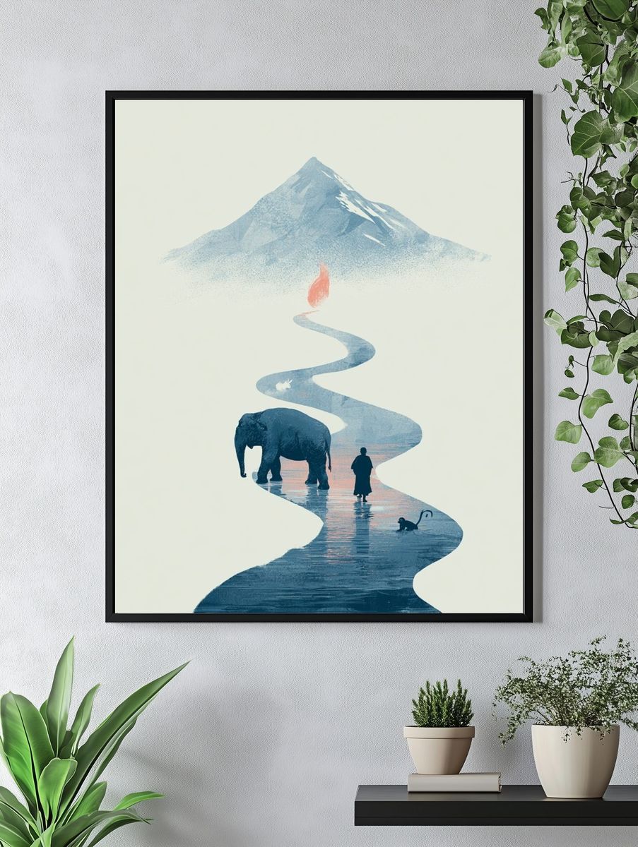 Elephant River Mountain Surreal Print. — room view 4