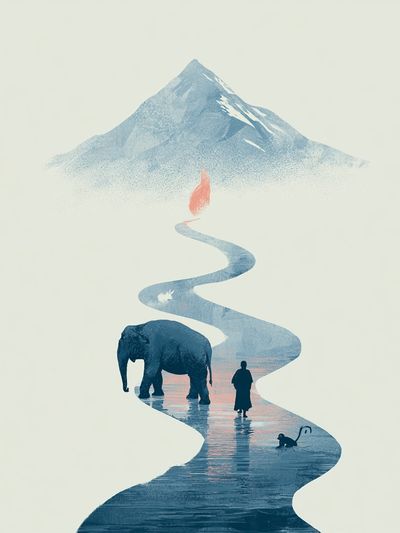 Elephant River Mountain Surreal Print. poster