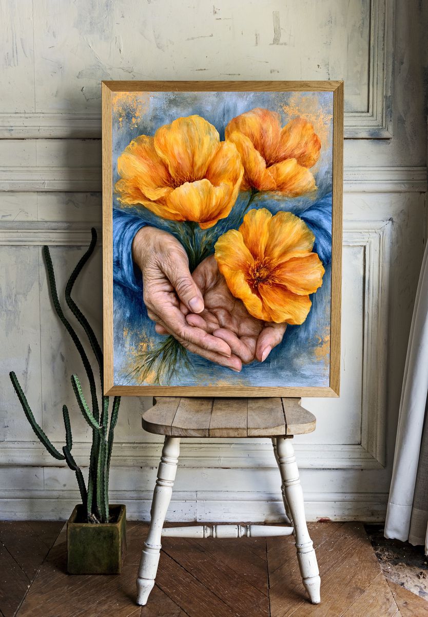 Hands Holding Orange Flowers Print. room preview