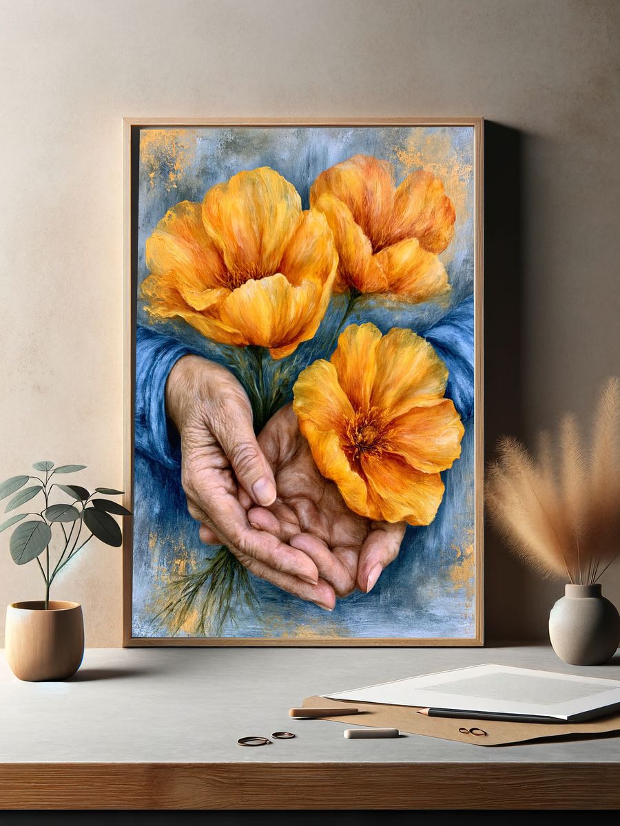 Hands Holding Orange Flowers Print. — room view 2