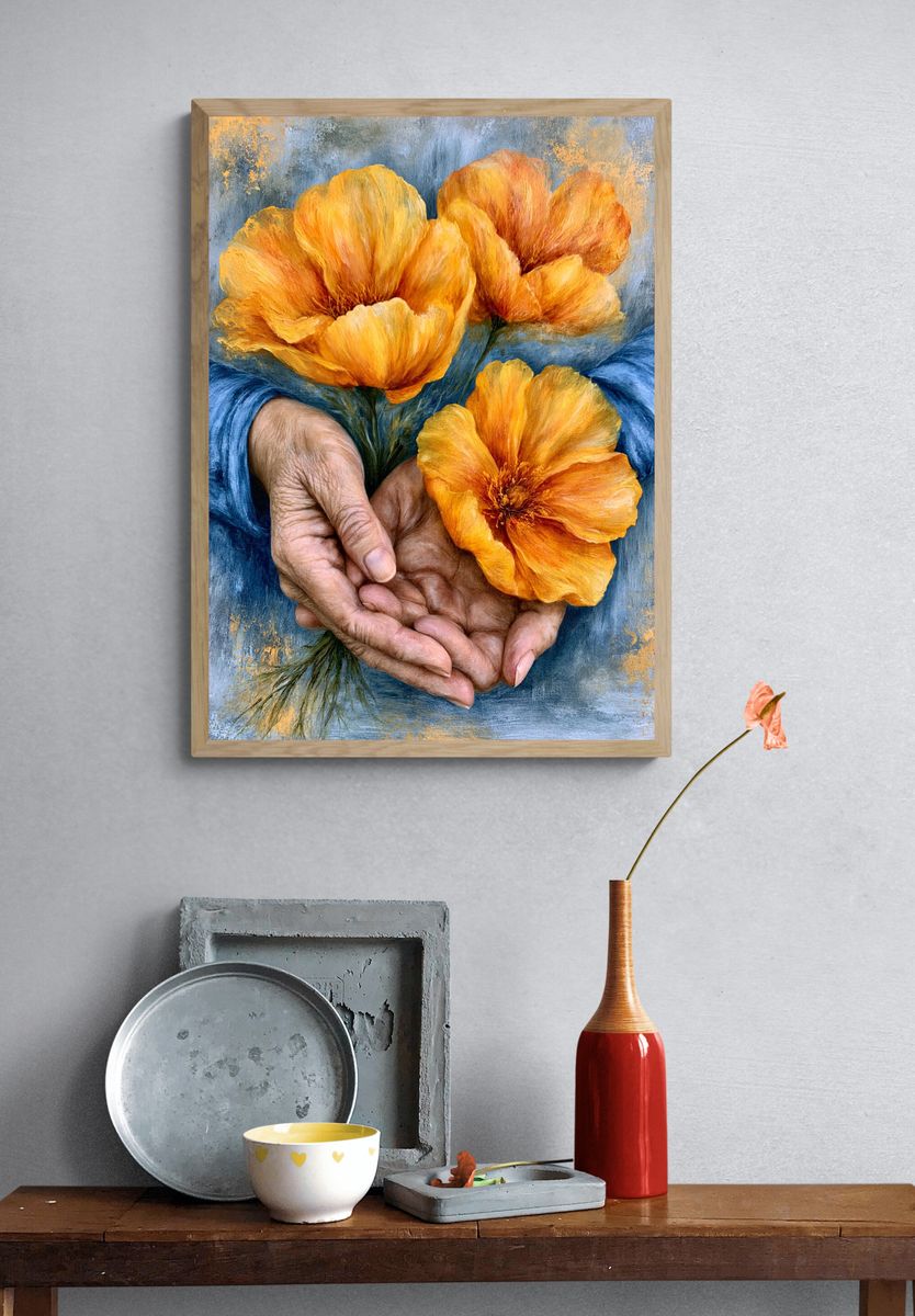 Hands Holding Orange Flowers Print. — room view 3