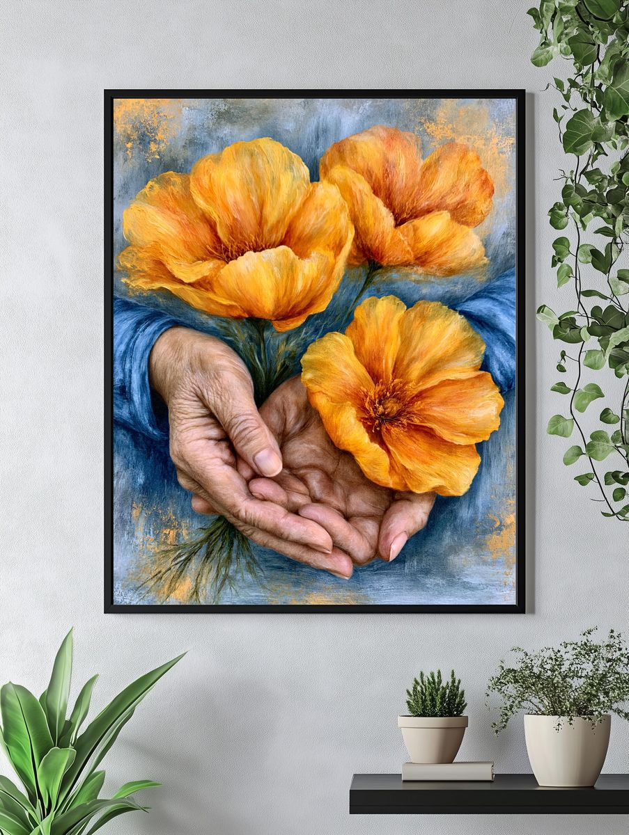 Hands Holding Orange Flowers Print. — room view 4