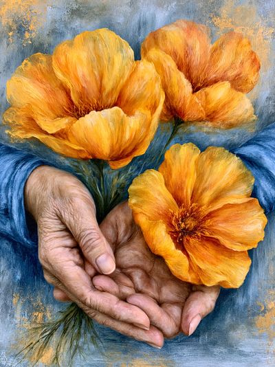Hands Holding Orange Flowers Print. poster