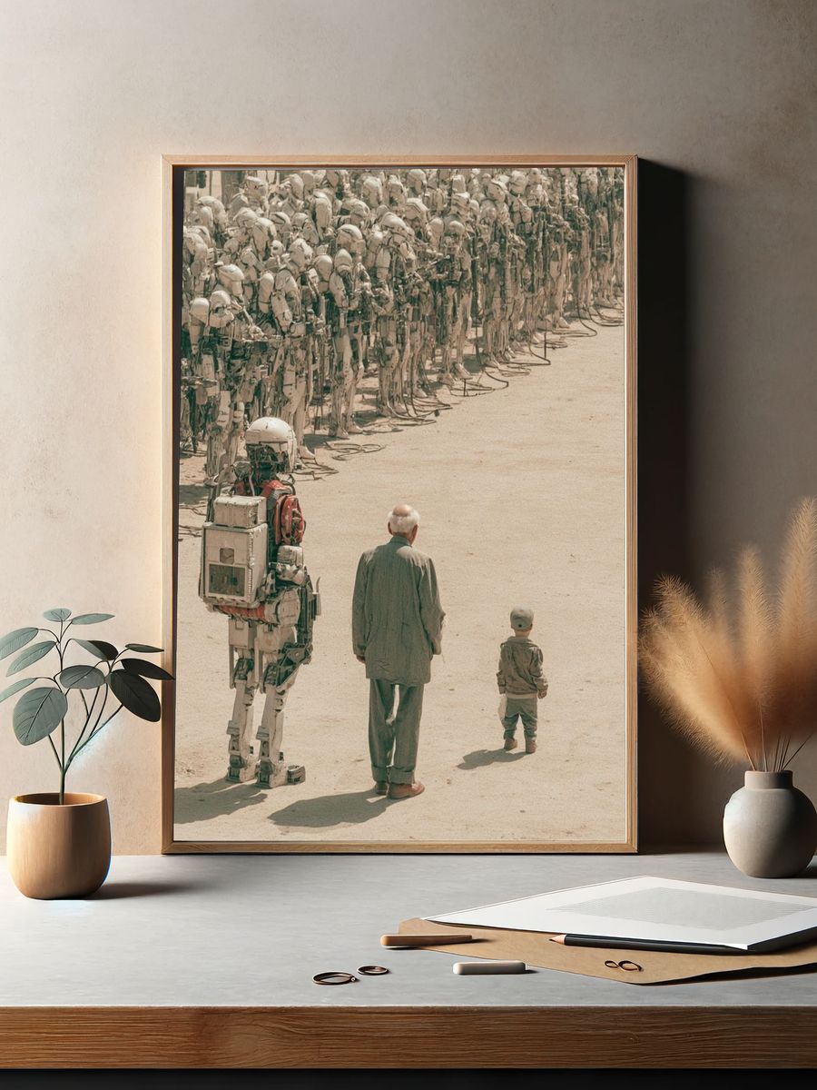 Human and Robots Surrealism Print. — room view 2