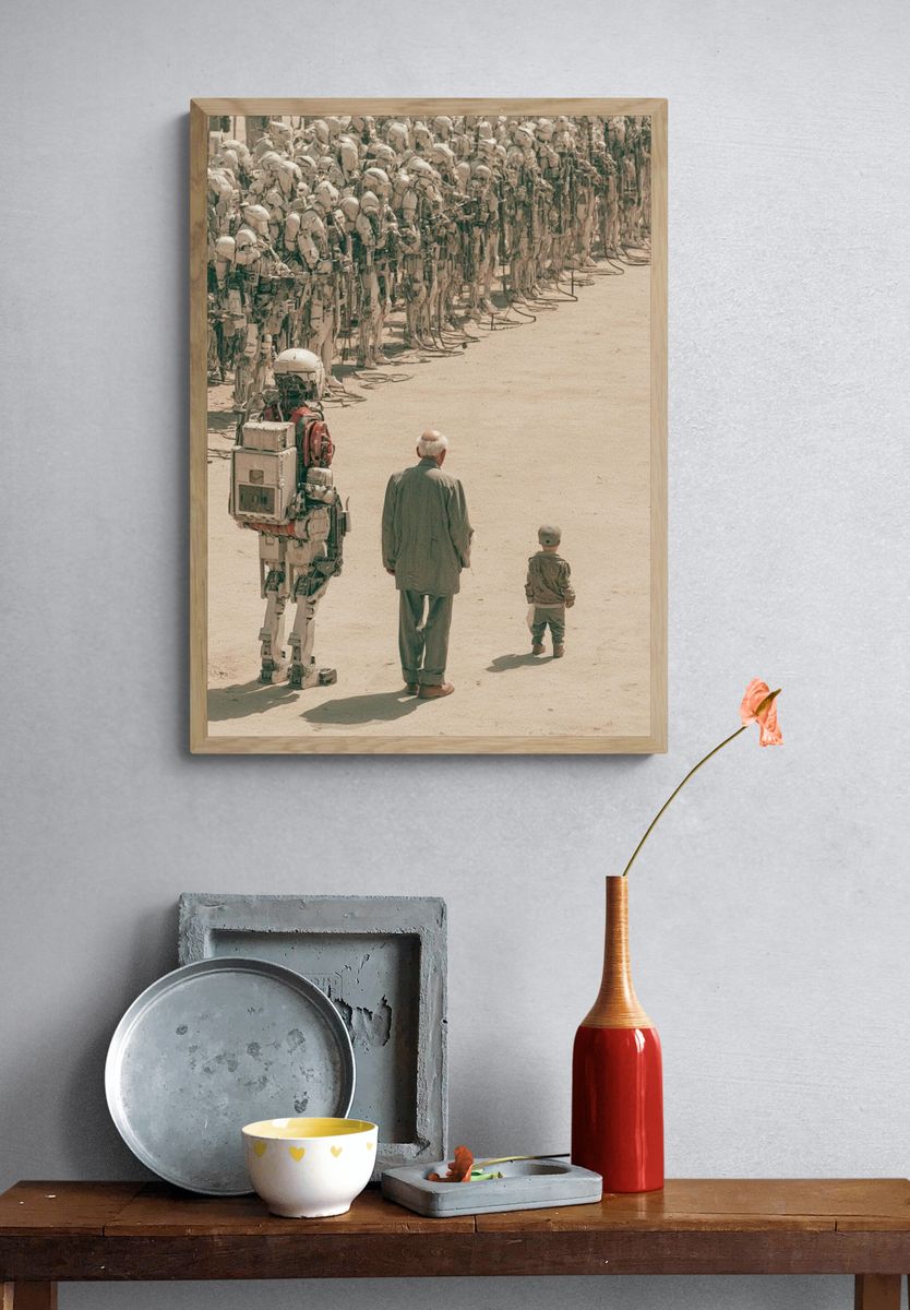 Human and Robots Surrealism Print. — room view 3