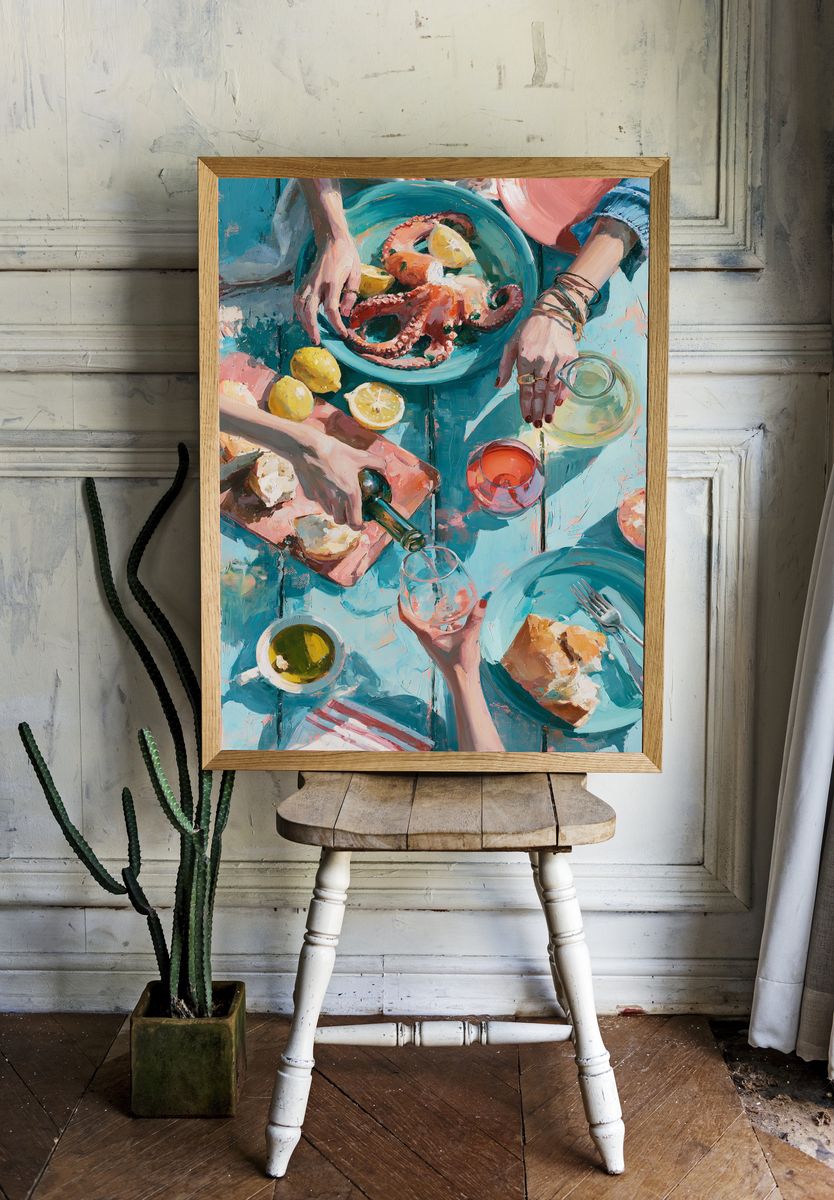 Mediterranean Seafood Table Fine-Art Poster. — room view 1