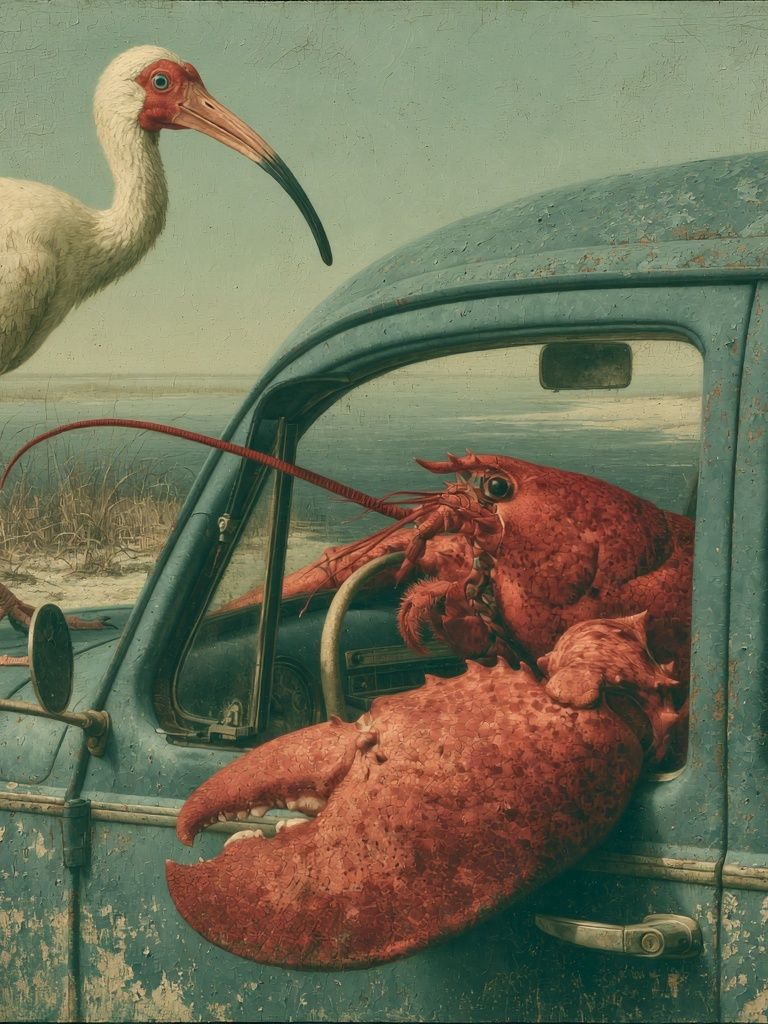 Surreal Coastal Bird and Lobster Print. poster detail