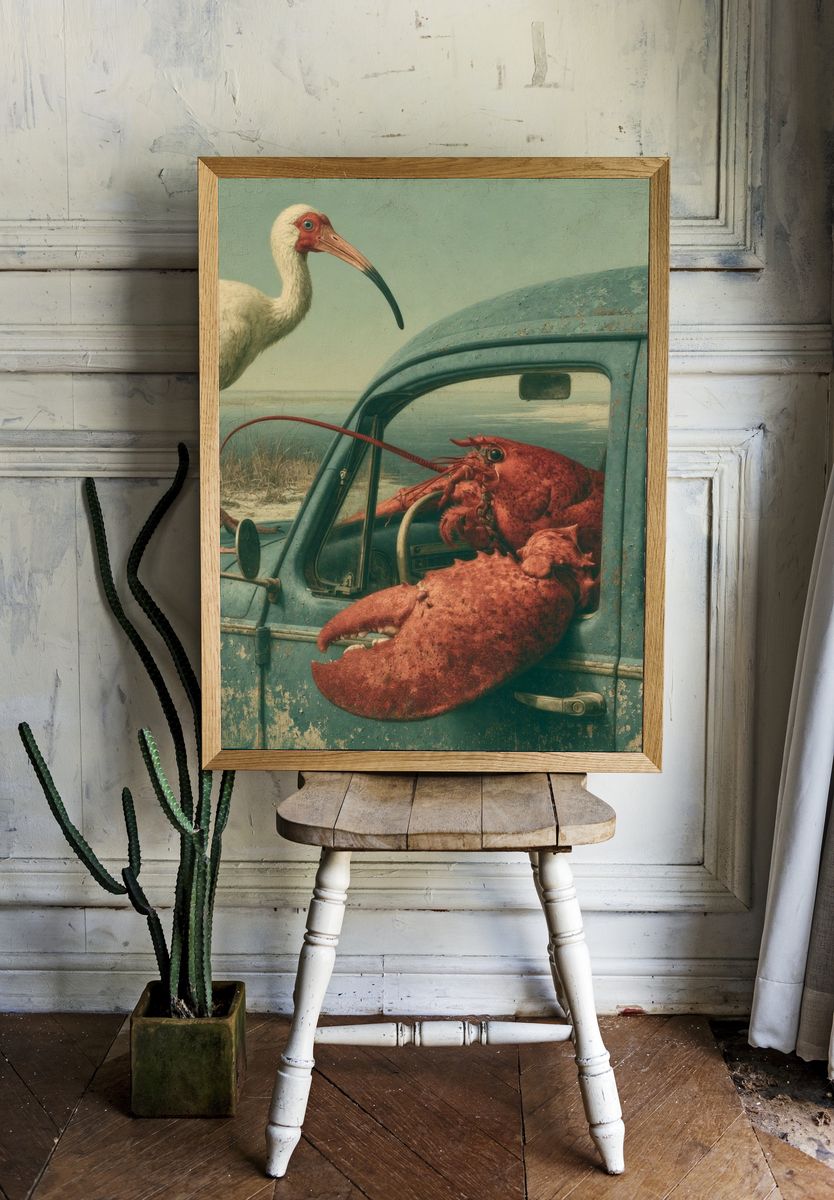 Surreal Coastal Bird and Lobster Print. — room view 1