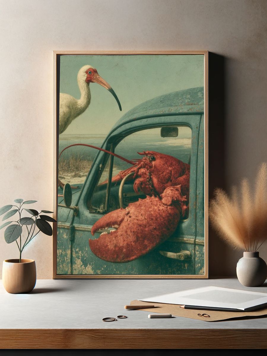 Surreal Coastal Bird and Lobster Print. — room view 2