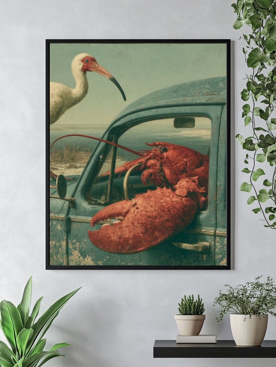 Surreal Coastal Bird and Lobster Print. — room view 4