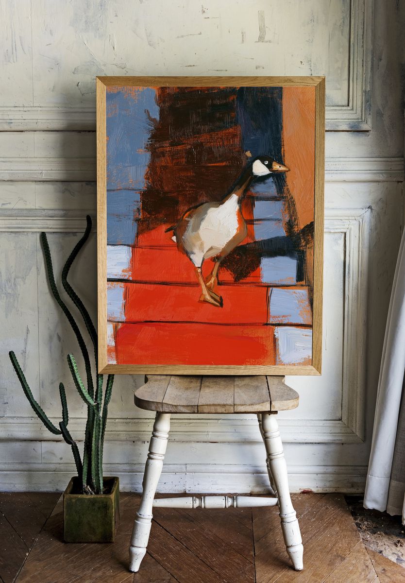 Goose on Red Steps Print. room preview