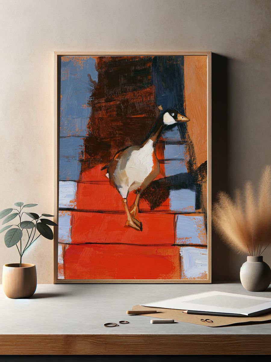Goose on Red Steps Print. — room view 2