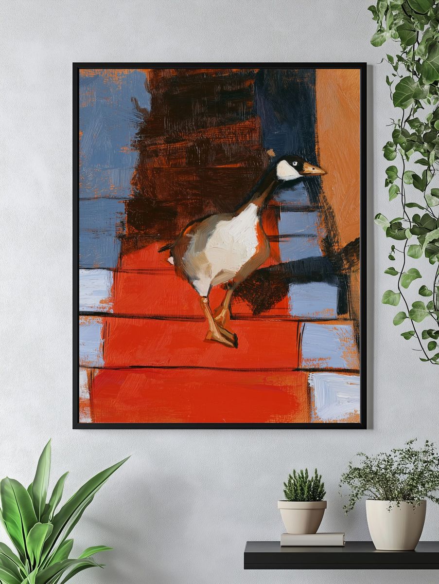Goose on Red Steps Print. — room view 4