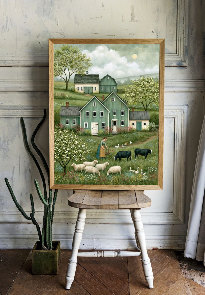 Pastoral Farmhouse Landscape Print. room preview
