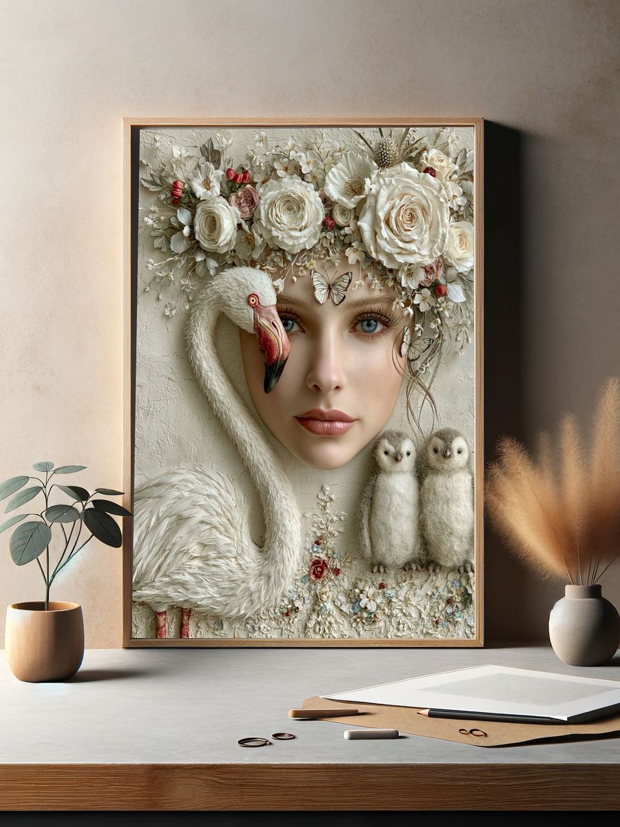 Floral Swan Portrait Print. — room view 2