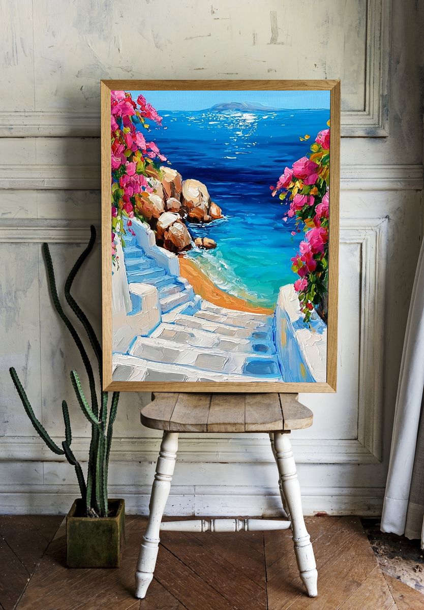 Greek Seaside Steps — Impressionist Print. room preview