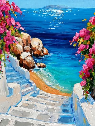 Greek Seaside Steps — Impressionist Print.