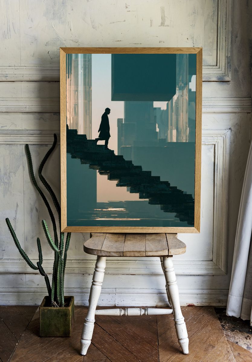 Surreal Stairway Silhouette Print. room preview