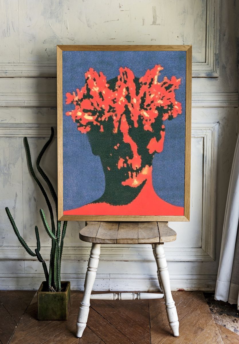 Surreal Floral Head Portrait Print. room preview