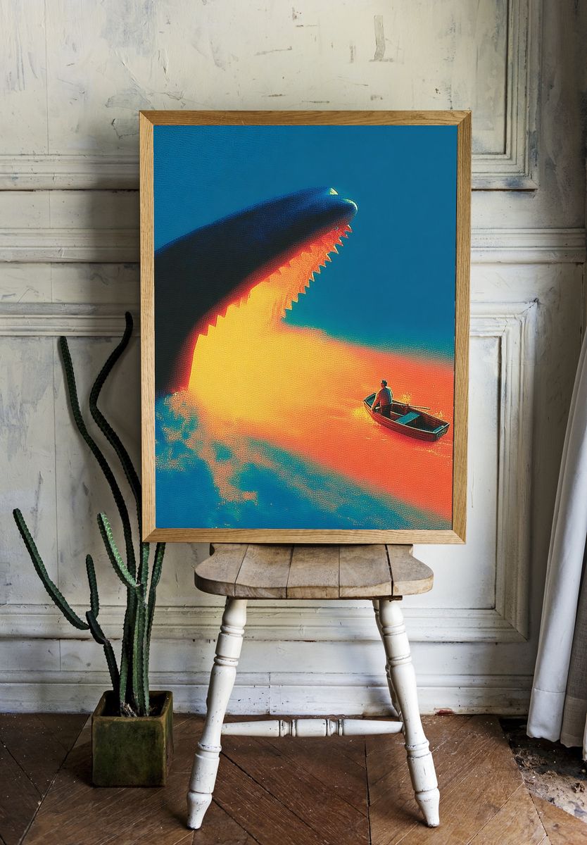 Whale and Boat Surrealism Print. room preview