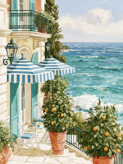 Mediterranean Seaside Terrace Print.