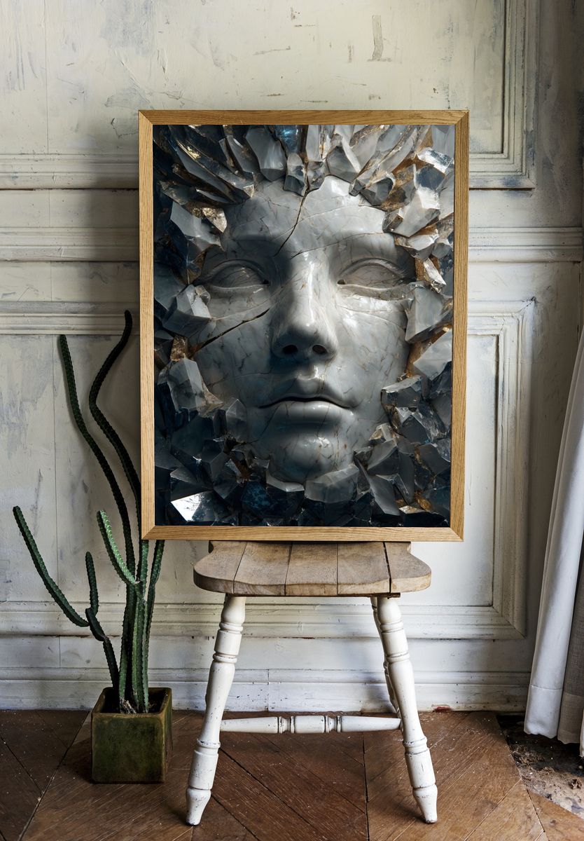 Cracked Marble Face Surrealism Print. — room view 1