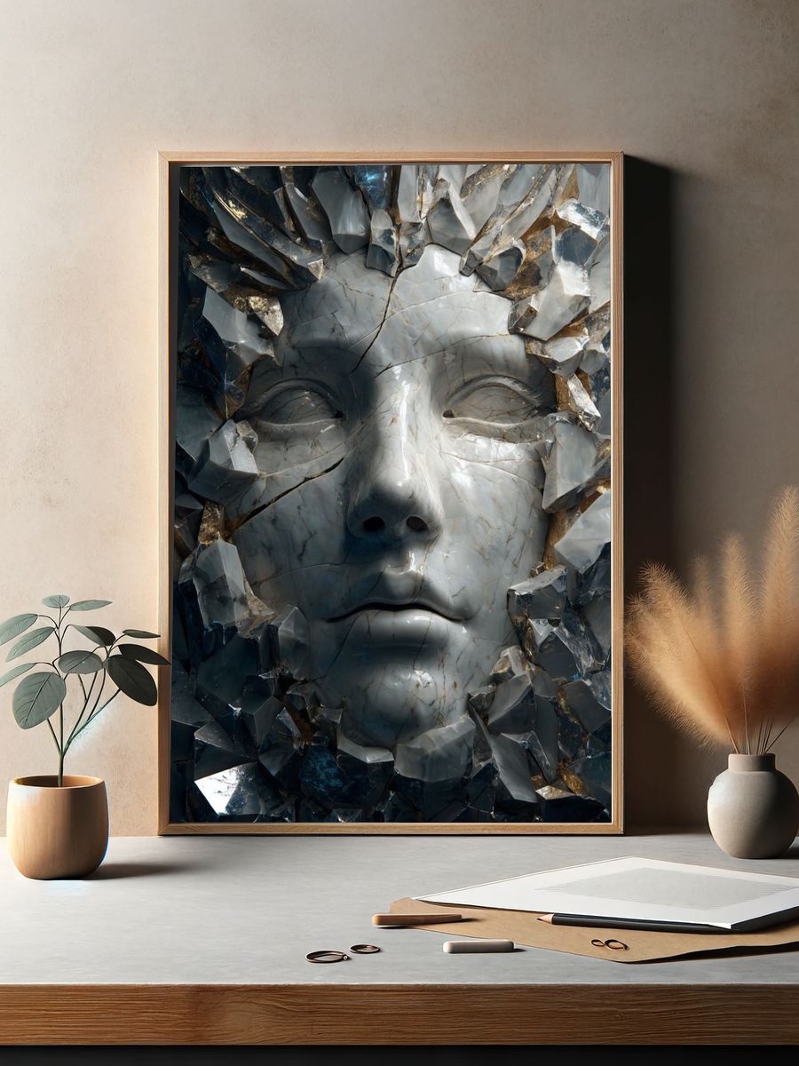 Cracked Marble Face Surrealism Print. — room view 2