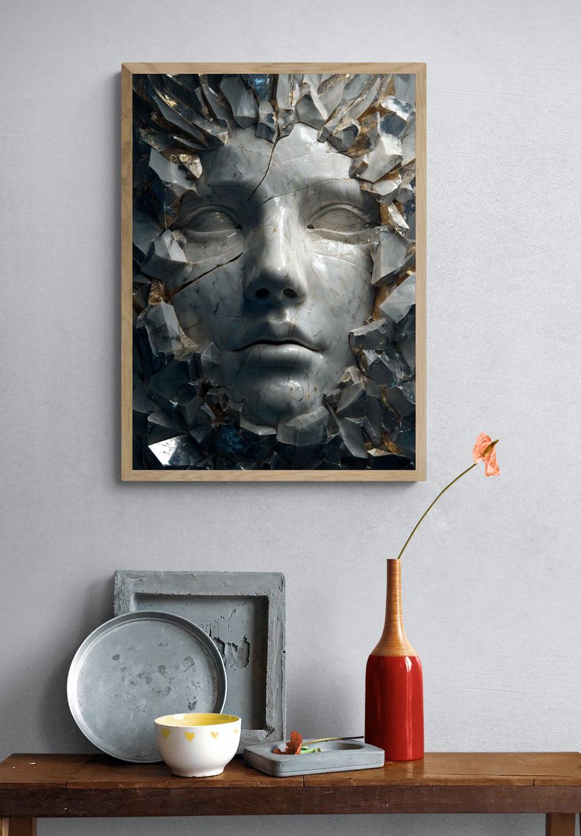 Cracked Marble Face Surrealism Print. — room view 3