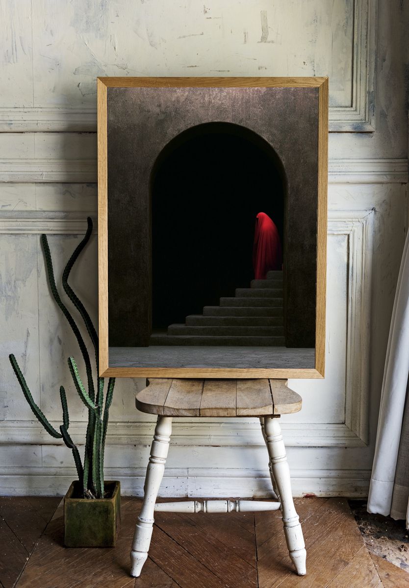 Red Veiled Figure Surrealism Print. room preview