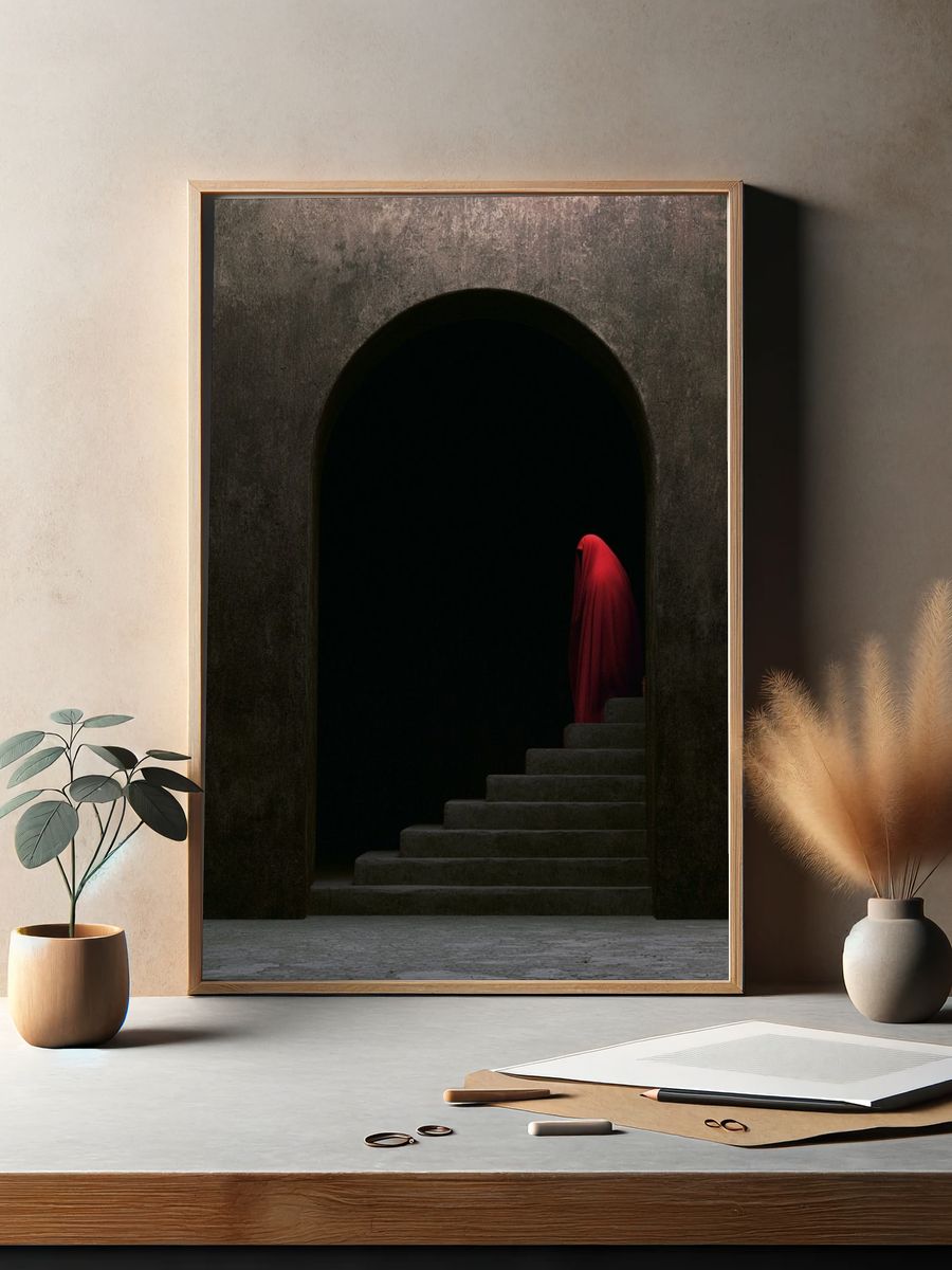 Red Veiled Figure Surrealism Print. — room view 2