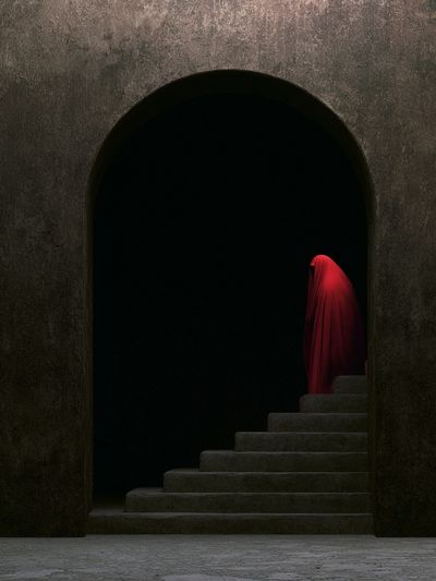 Red Veiled Figure Surrealism Print.