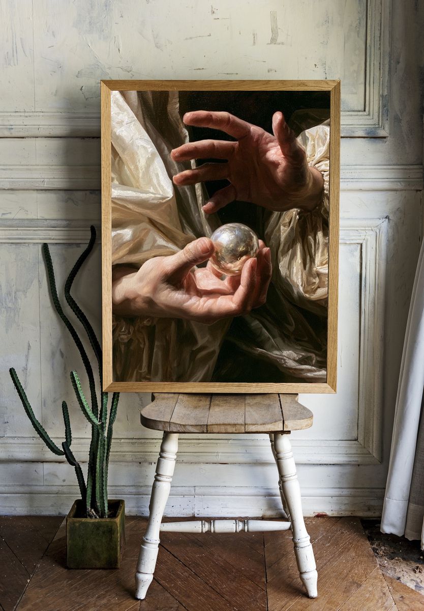Crystal Ball Hands Surrealism Print. room preview