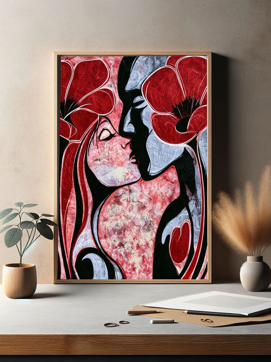 Red Floral Lovers Abstract Print. — room view 2