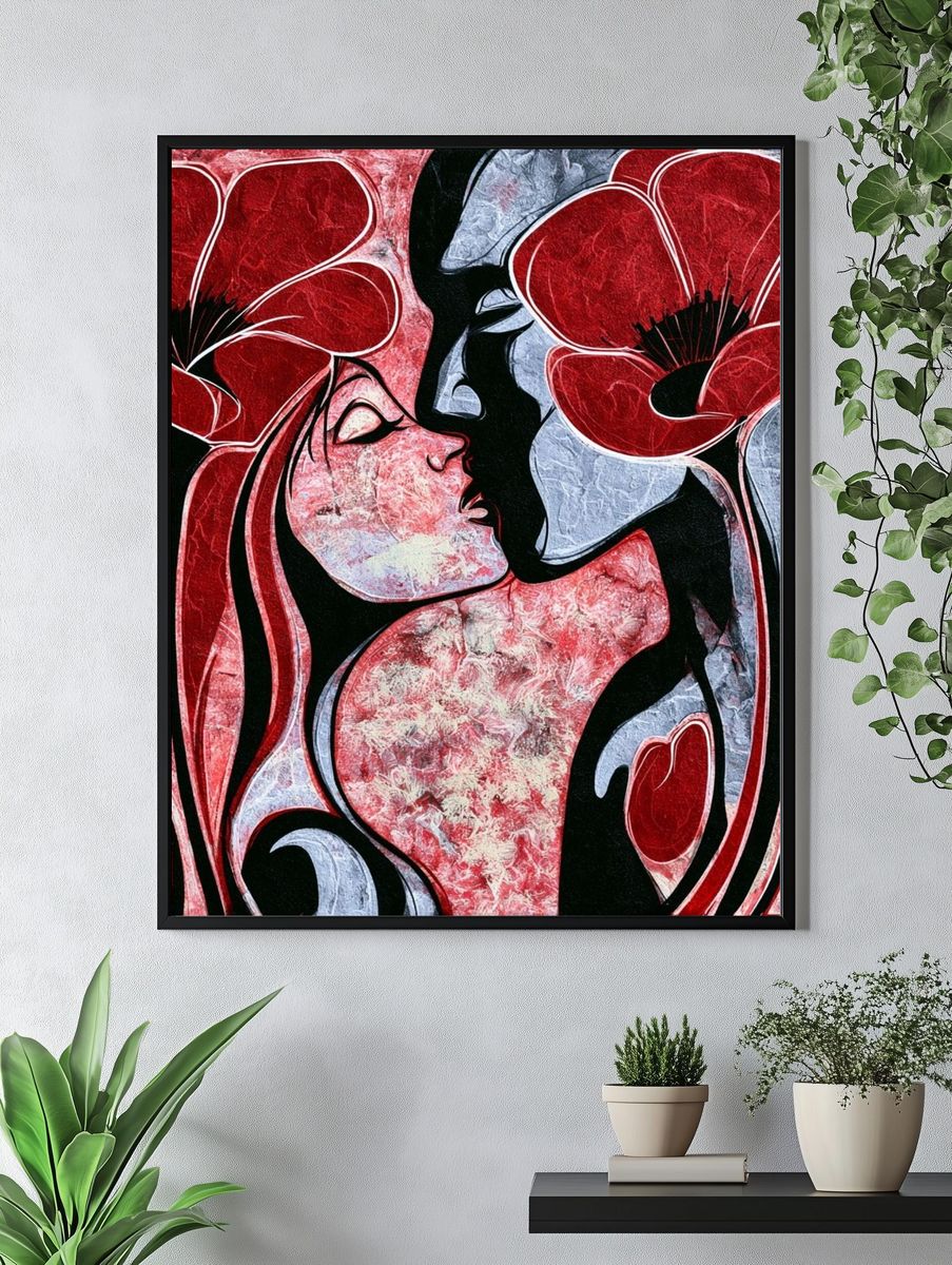 Red Floral Lovers Abstract Print. — room view 4