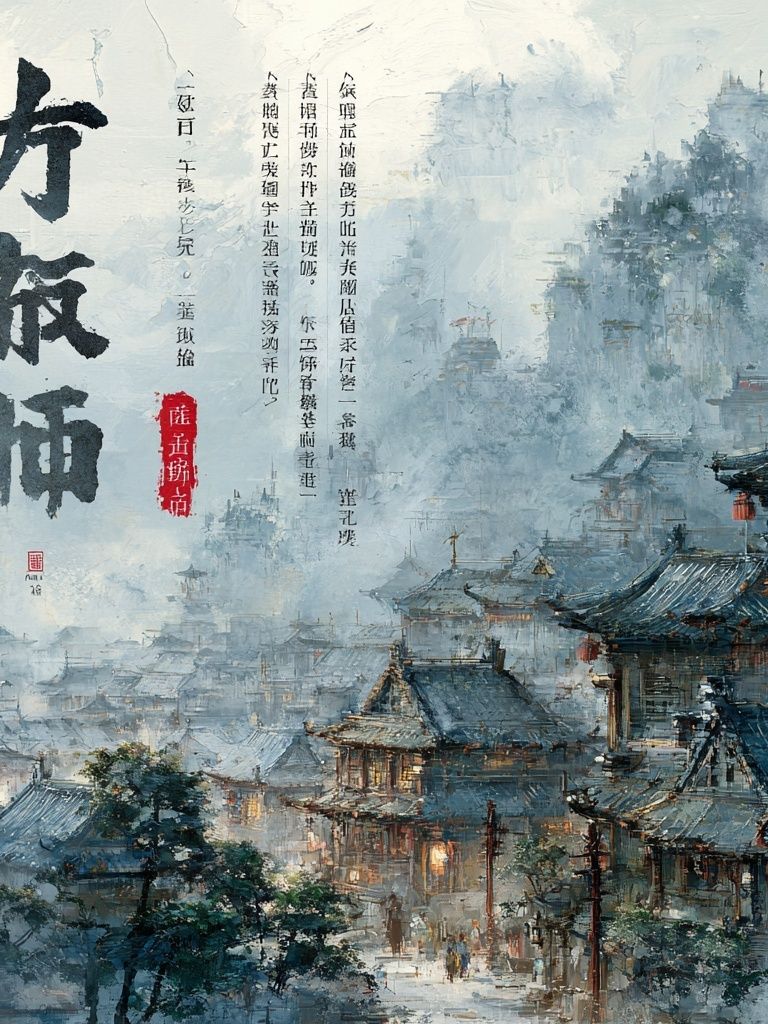 Misty Ancient Village Ink Poster. poster detail