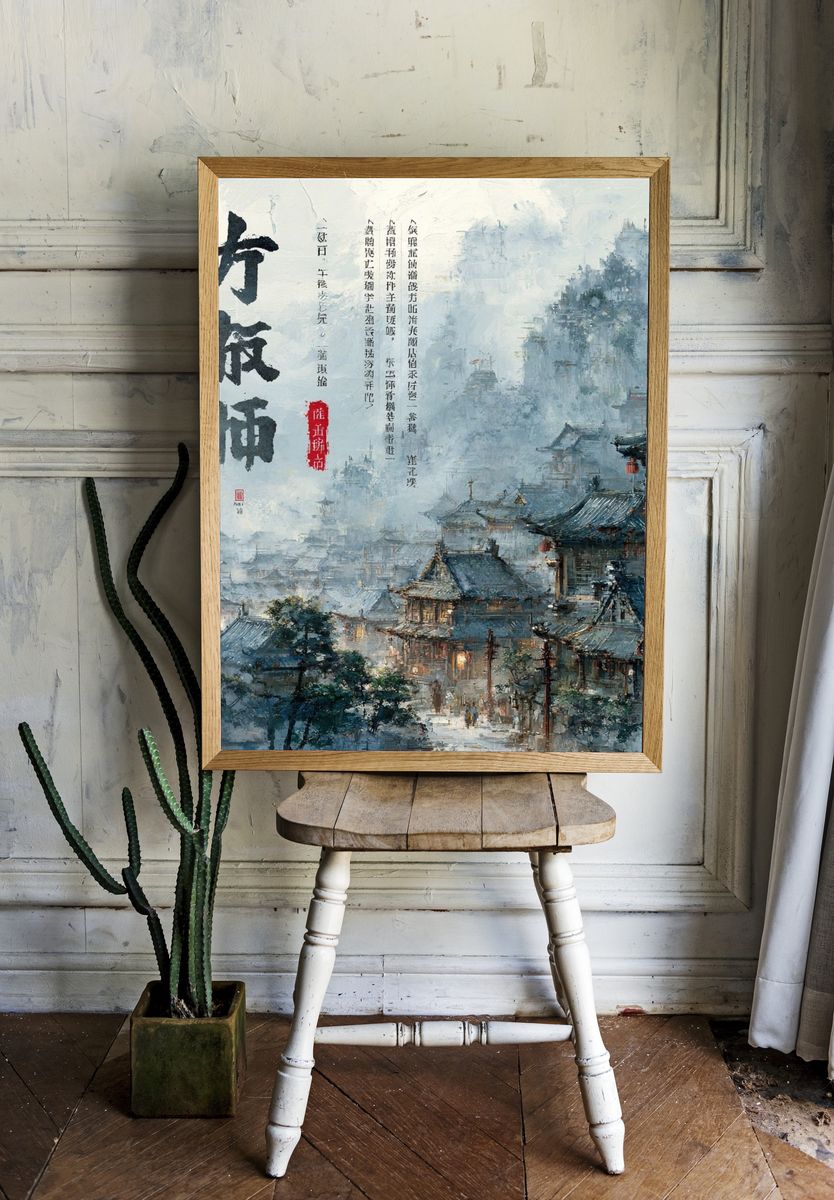 Misty Ancient Village Ink Poster. — room view 1