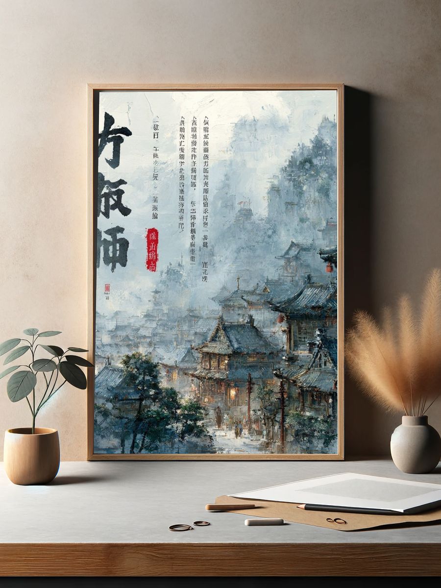 Misty Ancient Village Ink Poster. — room view 2