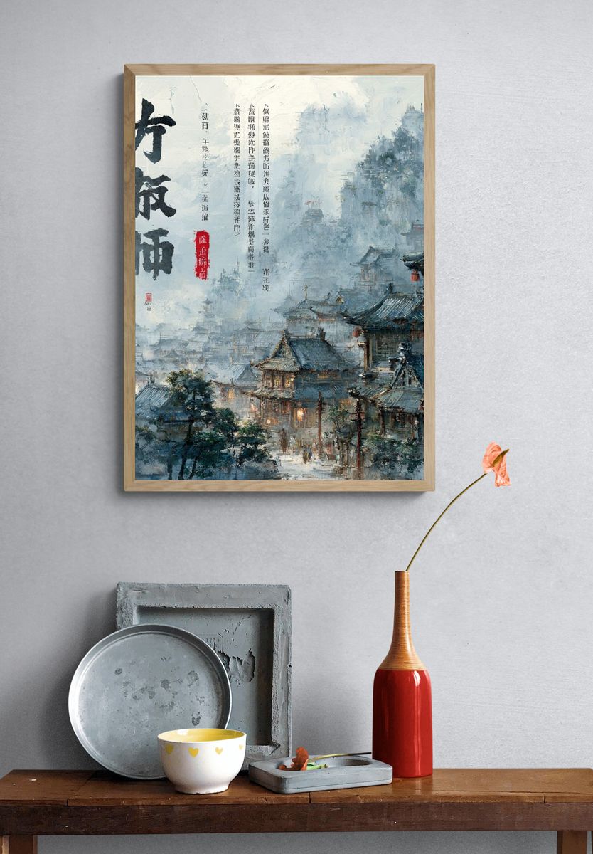 Misty Ancient Village Ink Poster. — room view 3