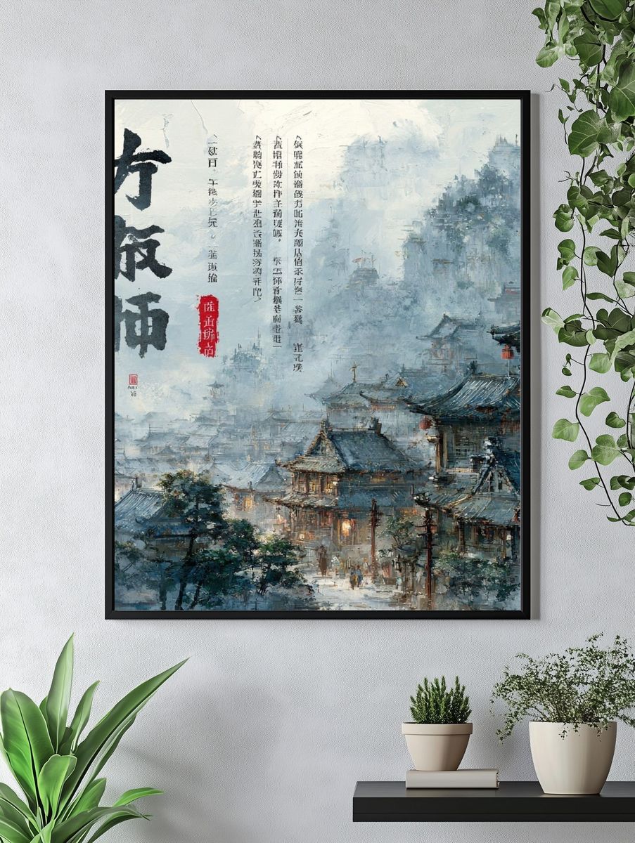 Misty Ancient Village Ink Poster. — room view 4