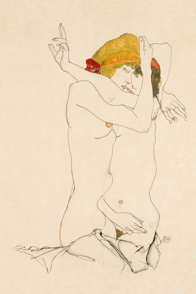Two Women Embracing (1913) Egon. poster — fine-art art