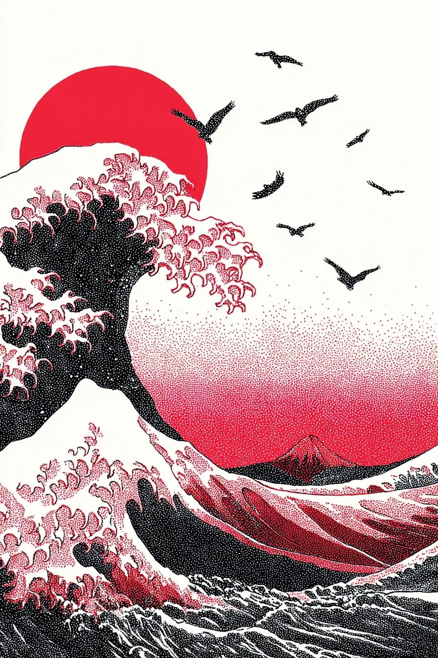 Great Wave Red Sun Print. poster — fine-art art