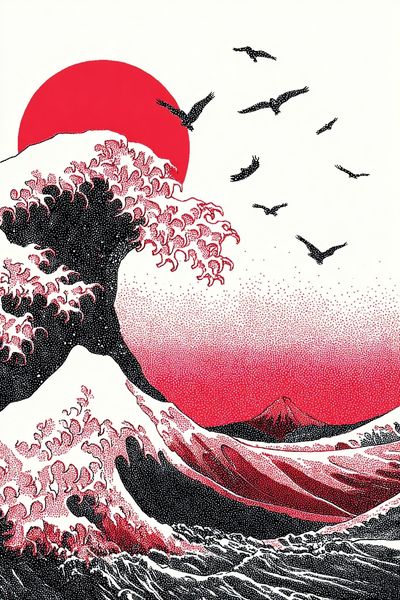 Great Wave Red Sun Print. poster print
