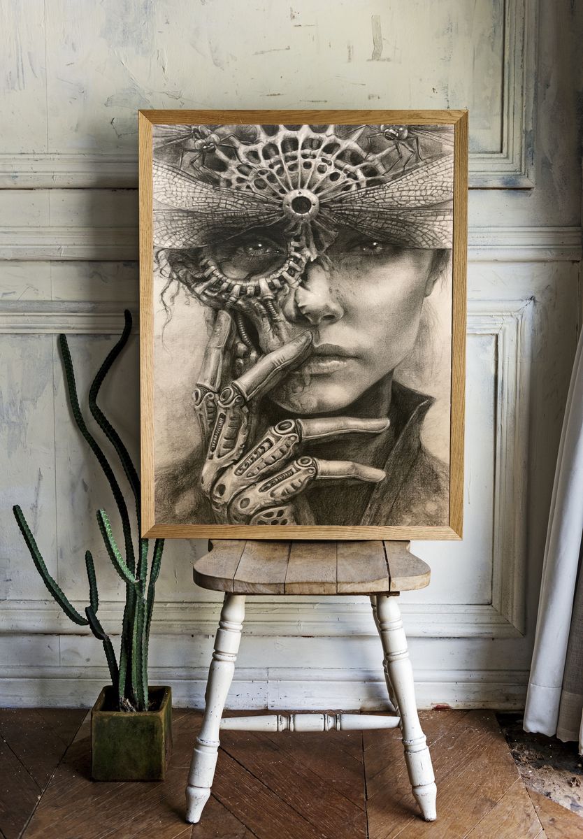 Surreal Cybernetic Portrait Print. room preview