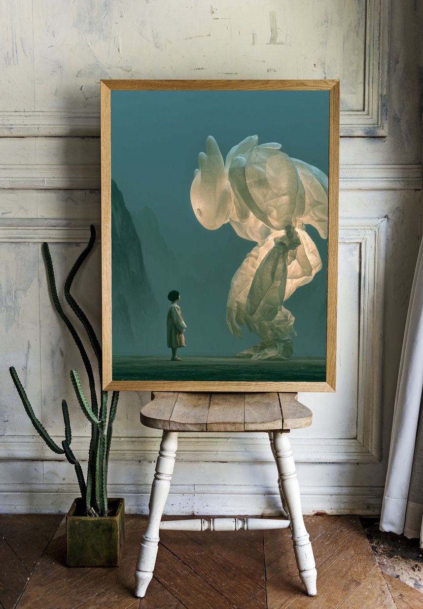 Dreamlike Giant Rabbit Surrealism Print. room preview