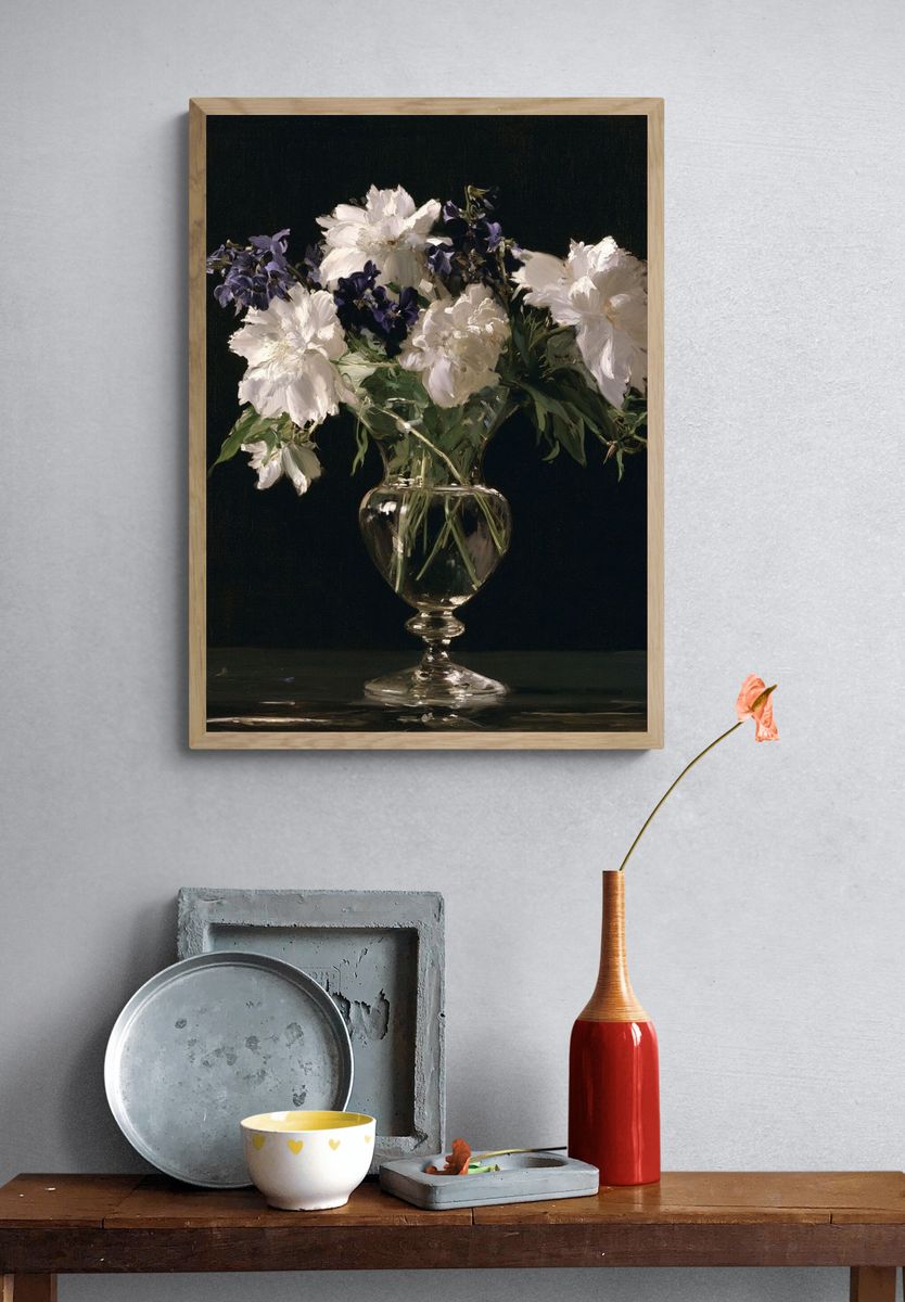 White Flowers Still Life Poster. — room view 3