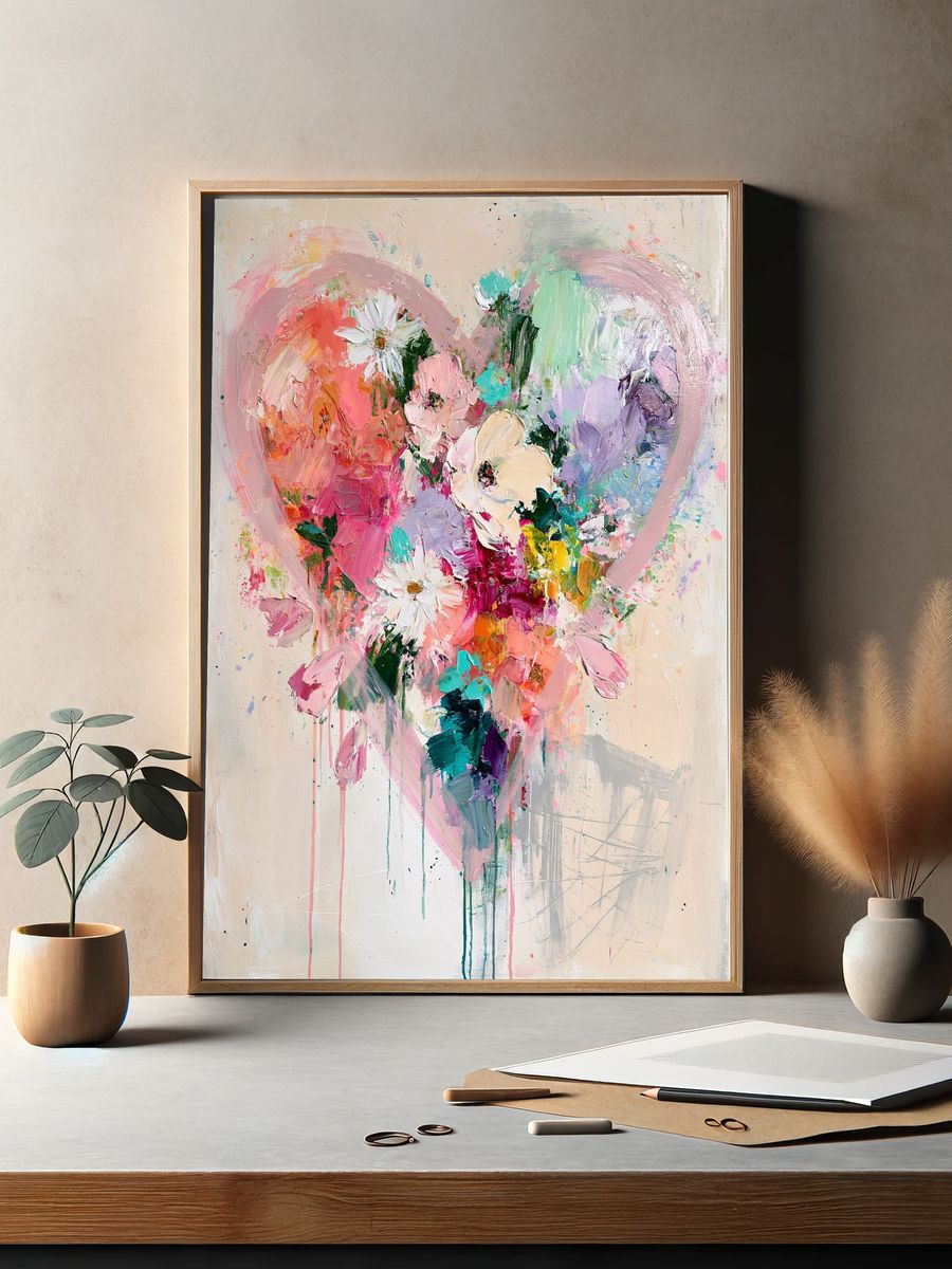 Pastel Heart Floral Abstract Poster. — room view 2