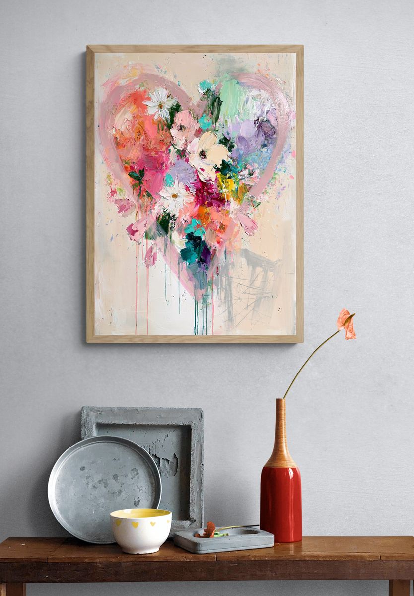 Pastel Heart Floral Abstract Poster. — room view 3