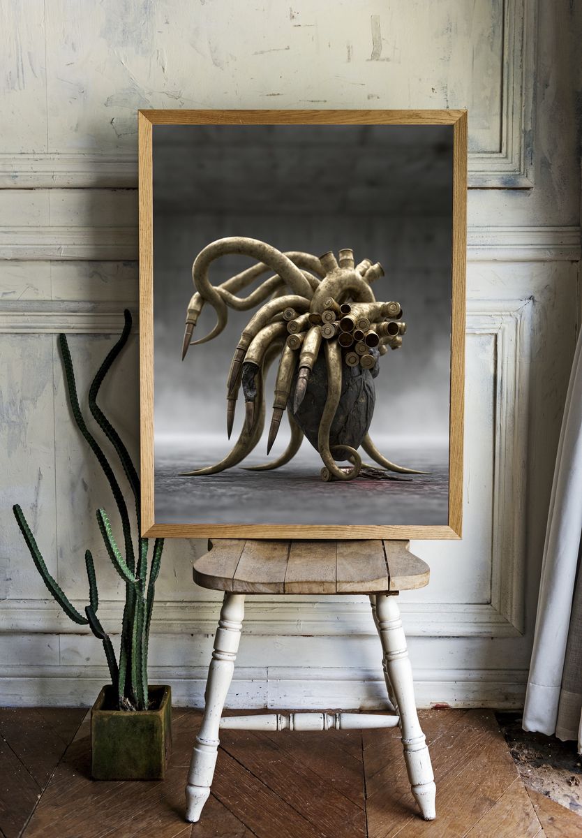 Surreal Brass Heart Print. room preview