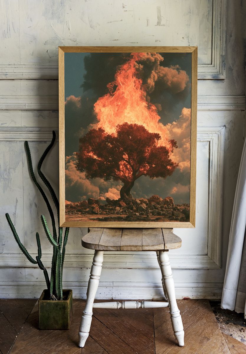 Burning Tree Surrealism Print. room preview